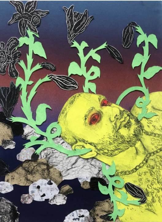 Micheal Returned /
Collage, collagraph print, relief, print, pencil, vinyl /
9x12'' /
2023 /
$1850