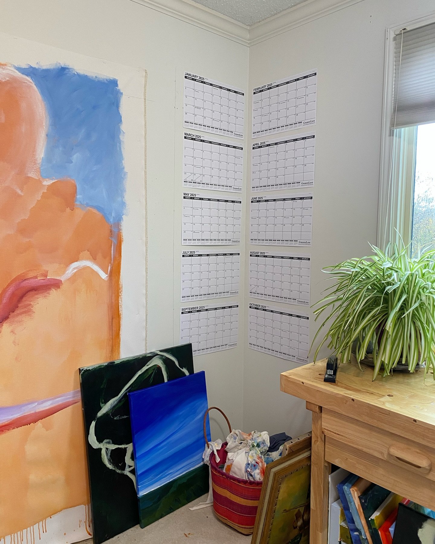 I saw monthly calendars on the wall of a friend&rsquo;s studio and thought it might be a help for me in tracking submission deadlines. So I&rsquo;m trying a modified version. Wall space is a bit scarce in my small studio but having calendars at eye l