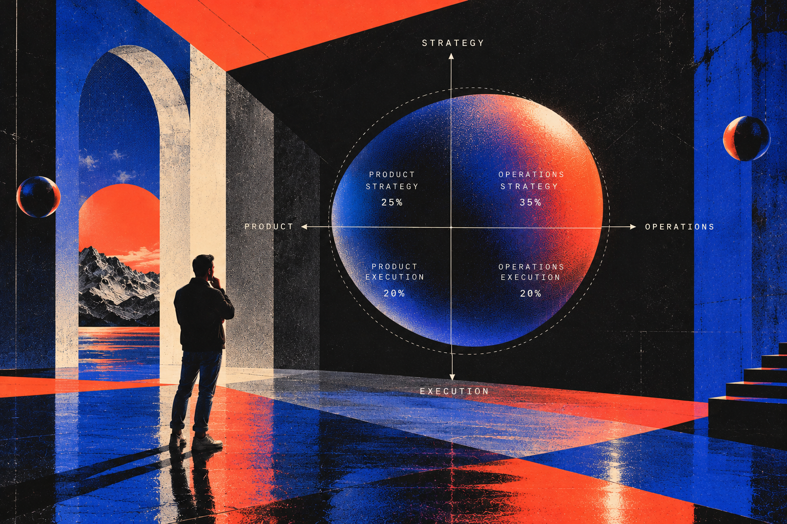 A man considers how he is spreading his time across product strategy, operations strategy, product execution and operations execution