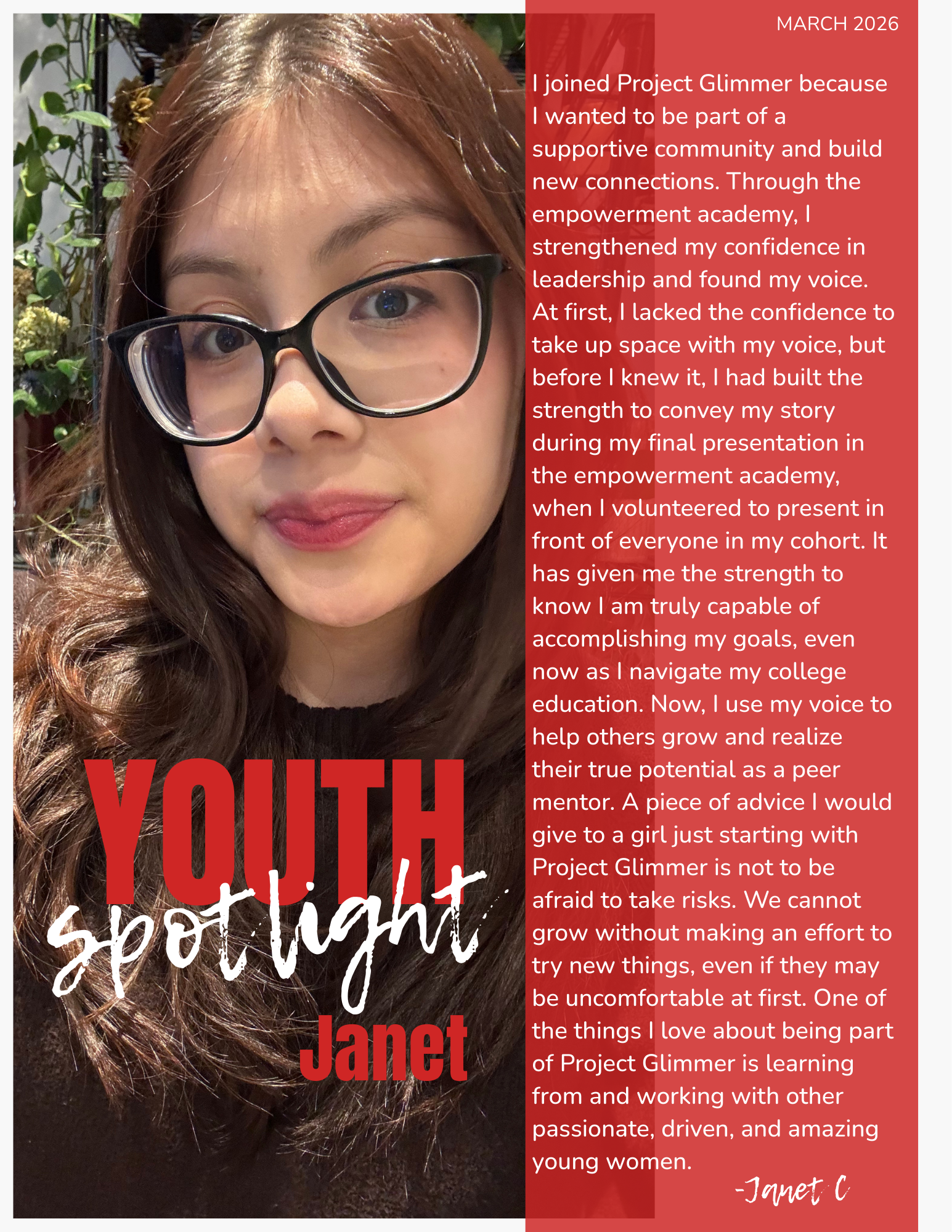 Youth Spotlight image of Janet, an Empowerment Academy alum whose journey shows how nonprofit programs empower young women through confidence and leadership.