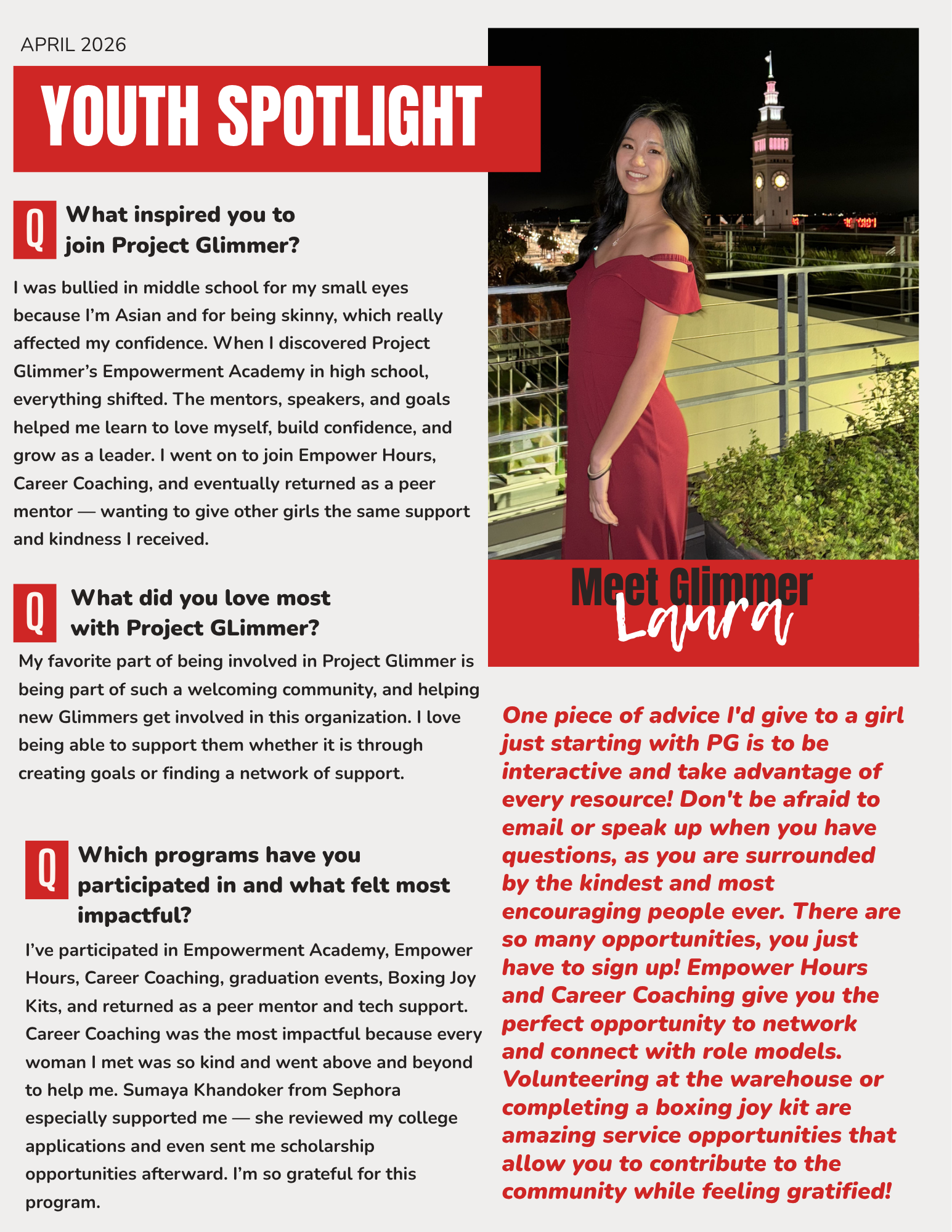 Youth Spotlight image of Laura, an Empowerment Academy graduate and peer mentor with Project Glimmer, representing girls’ confidence and community.