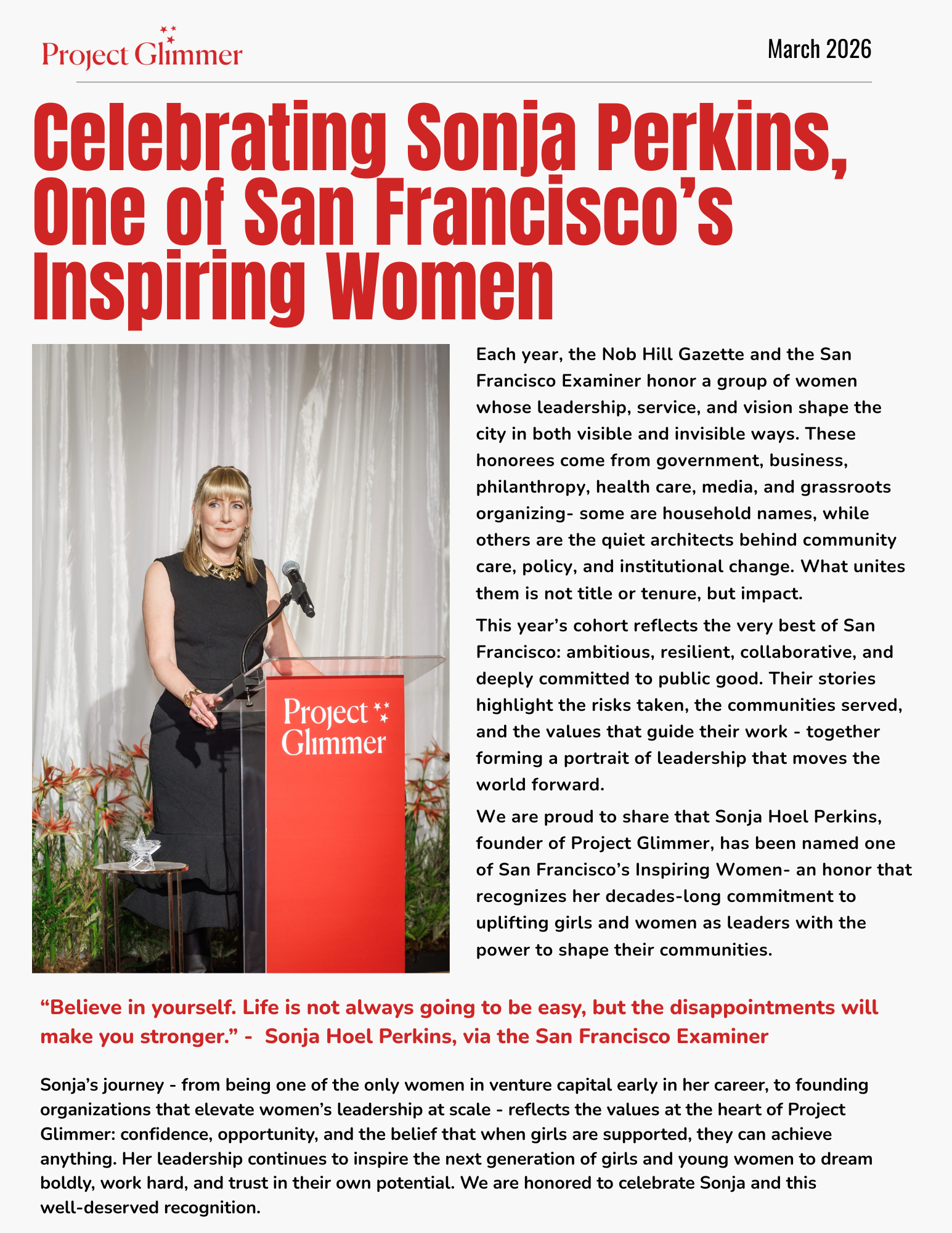 Celebrating Sonja Hoel Perkins, named one of San Francisco’s Inspiring Women, and her decades of leadership empowering girls and women.