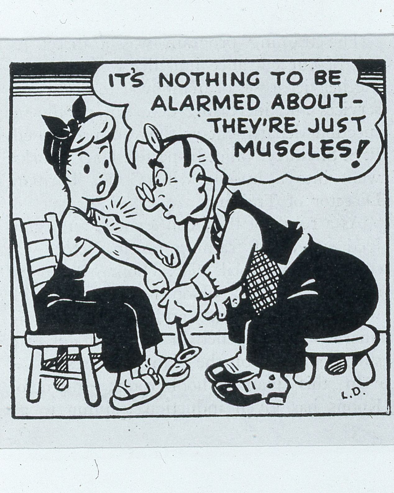 This is a cartoon from U.S. Steel News in 1945. The cultural beliefs from that time are prevalent through this image because women started to take up the factory jobs while a lot of the men went off to World War II.

What was the attitude towards wom
