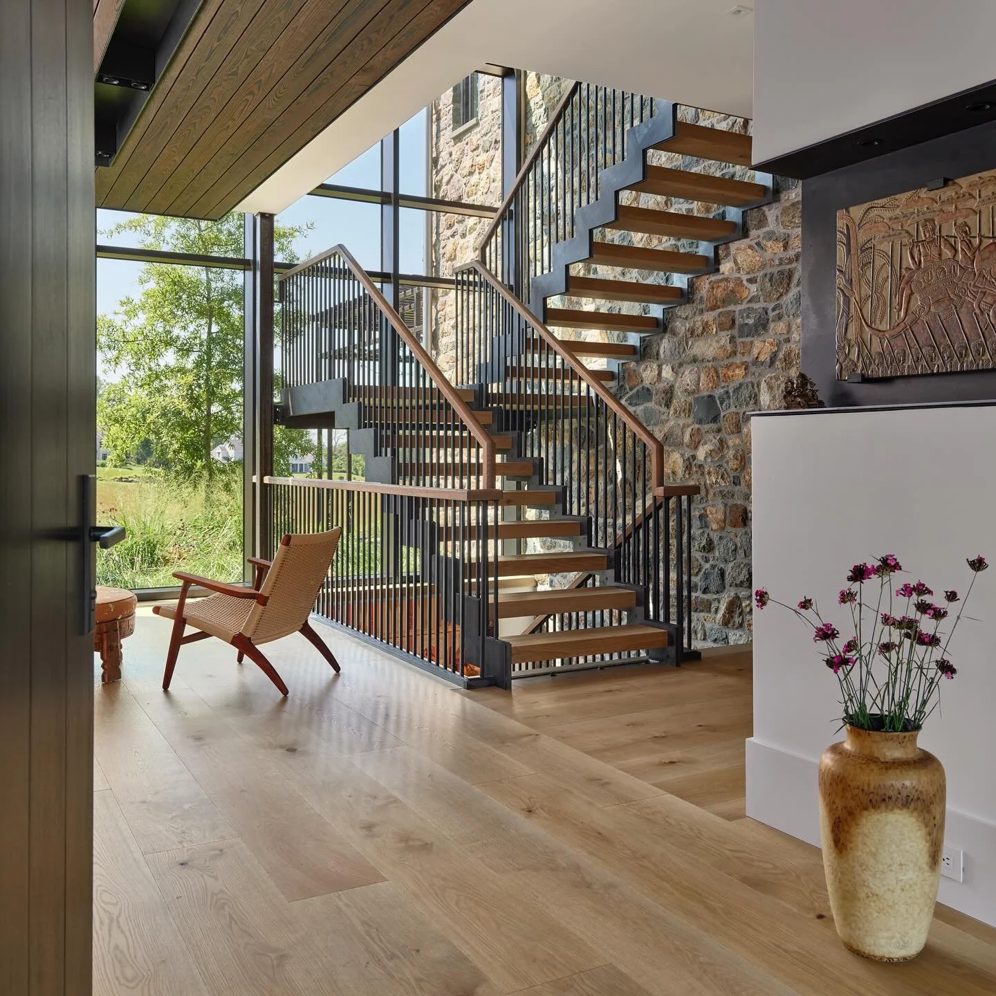 &ldquo;Blackbird&rdquo; project entry foyer&hellip; blending interior and exterior with stone and glass, connecting to the meadows.