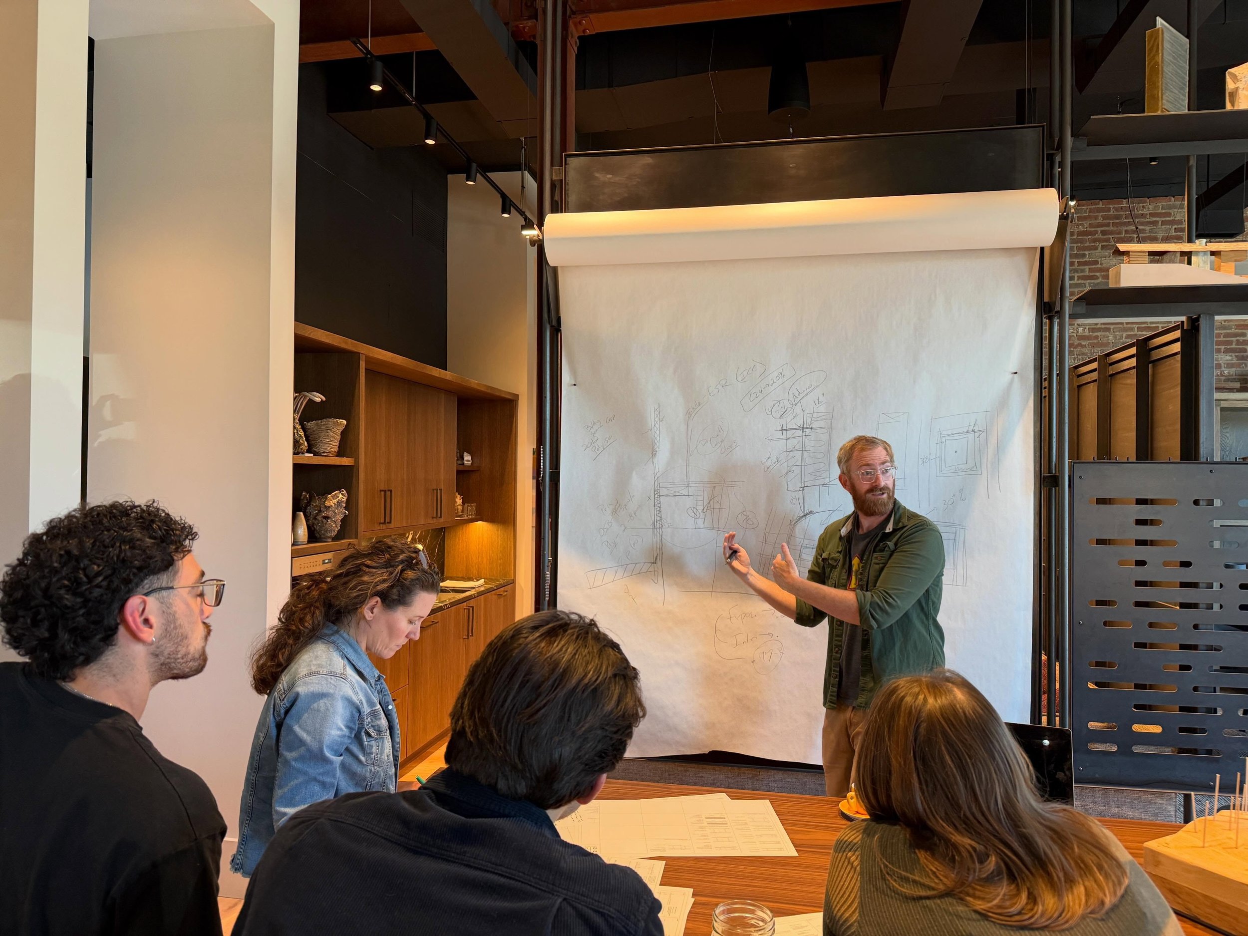 A afternoon of learning and exchanging ideas at the MaMo studio.

Thank you to Corey Murphy of 475 High Performance Building Supply for sharing his expertise on high performance wall assemblies, exploring both field built systems and prefabricated so