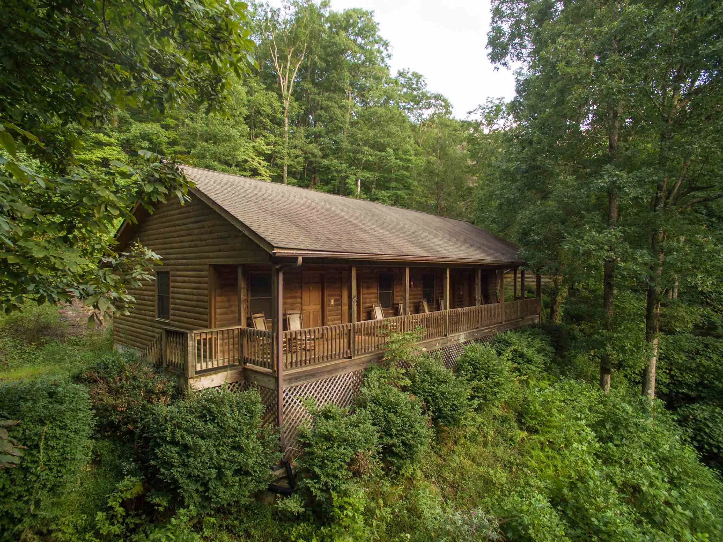 A wooden cabin is built on a hillside surrounded by lush green trees and bushes.