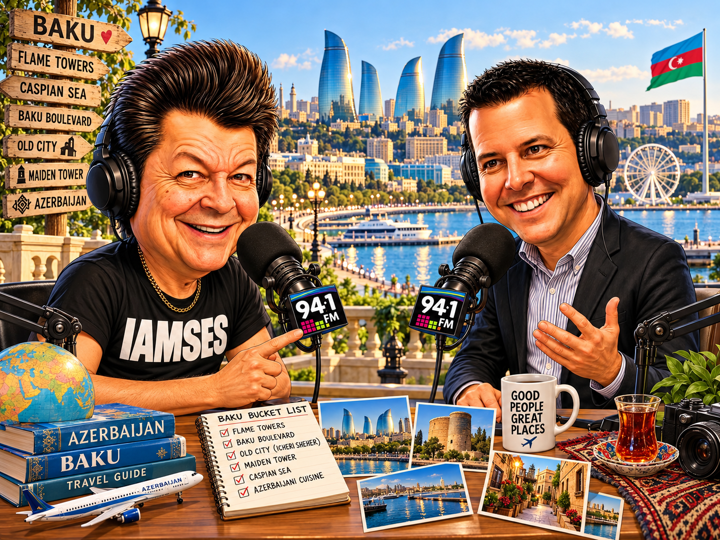 Two men with headphones and microphones recording a radio show with a scenic cityscape in the background, featuring modern skyscrapers, a river with boats, a Ferris wheel, and a flag of Azerbaijan. The table is decorated with travel books, photos, and souvenirs related to Azerbaijan, such as a globe, a travel guide, a miniature airplane, a cup with a message, and a traditional tea set.
