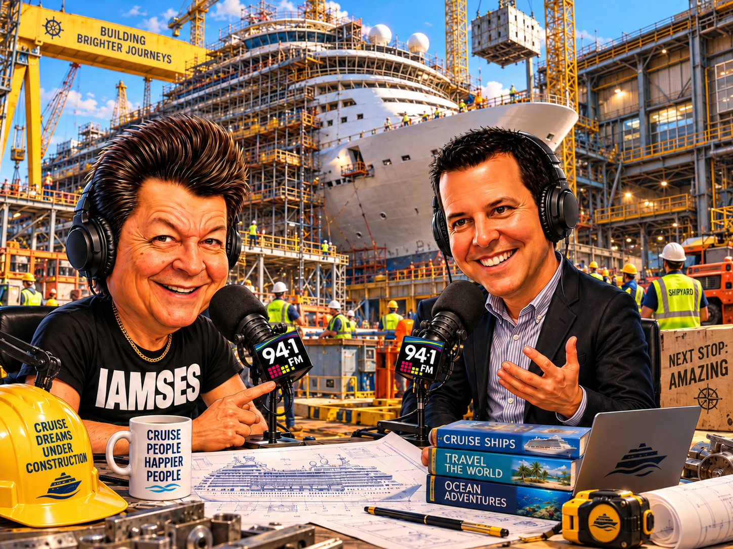 Two people hosting a radio show inside a shipyard with a large cruise ship under construction in the background. The woman on the left is wearing a black t-shirt with 'IAMSES' and headphones, pointing at the microphone and wearing a yellow safety helmet with a message. The man on the right is smiling, wearing a suit with headphones, with books about cruise ships and travel on the table.