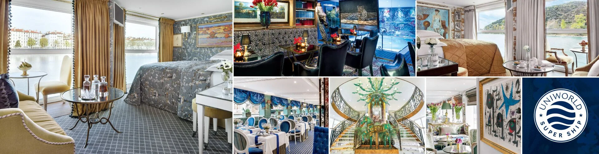 Collage of luxury river ship interior spaces including bedrooms, dining areas, lounge, and lobby with elegant furnishings, artwork, and décor