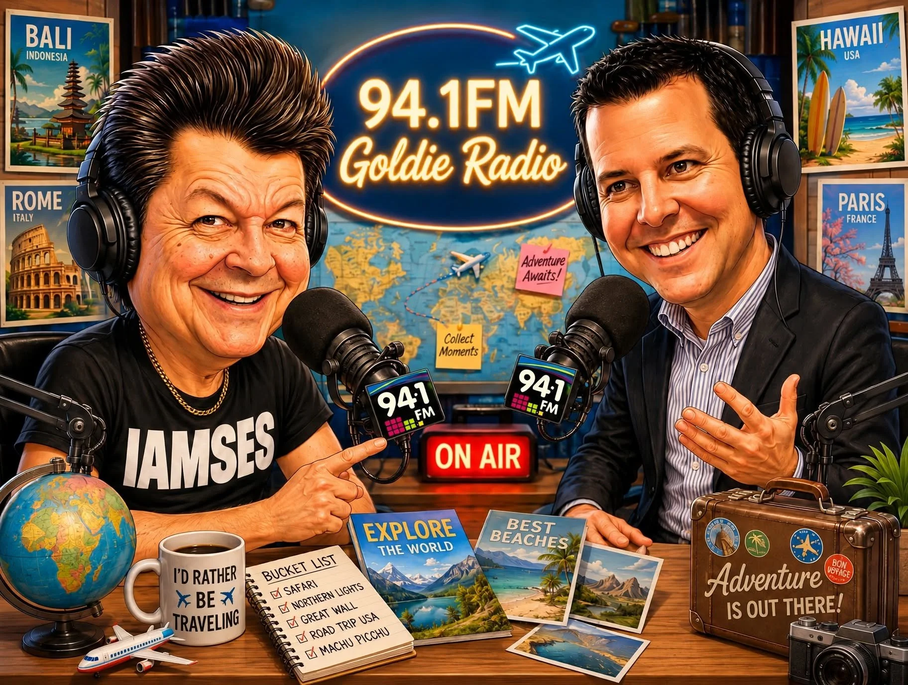 Two men with headphones hosting a radio show at 94.1 FM Goldie Radio, surrounded by travel-themed items including posters of Bali, Hawaii, Rome, and Paris, travel brochures, a globe, a mug, and a vintage suitcase, with a world map and airplane graphics in the background.