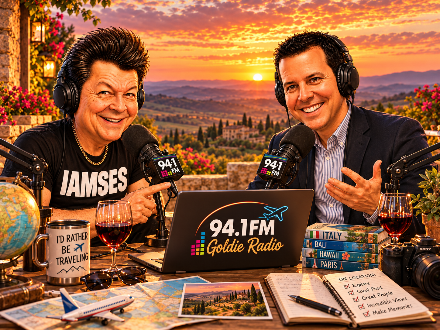 Two radio hosts wearing headphones broadcast from a travel-themed studio at sunset, with 94.1 FM Goldie Radio microphones, laptop, maps, wine, camera, and travel books.