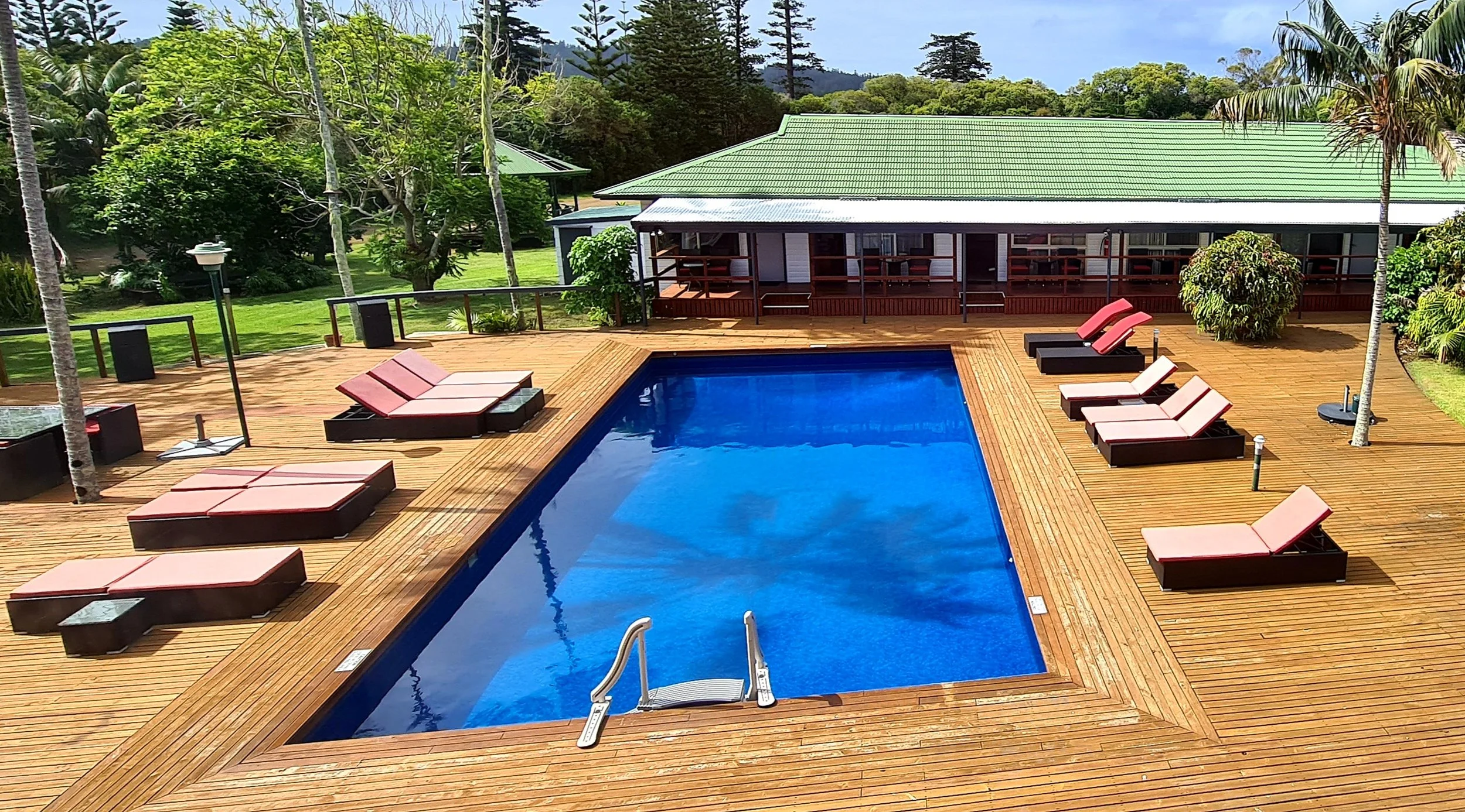 A backyard with a swimming pool surrounded by a wooden deck, lounge chairs, and tropical trees and greenery.