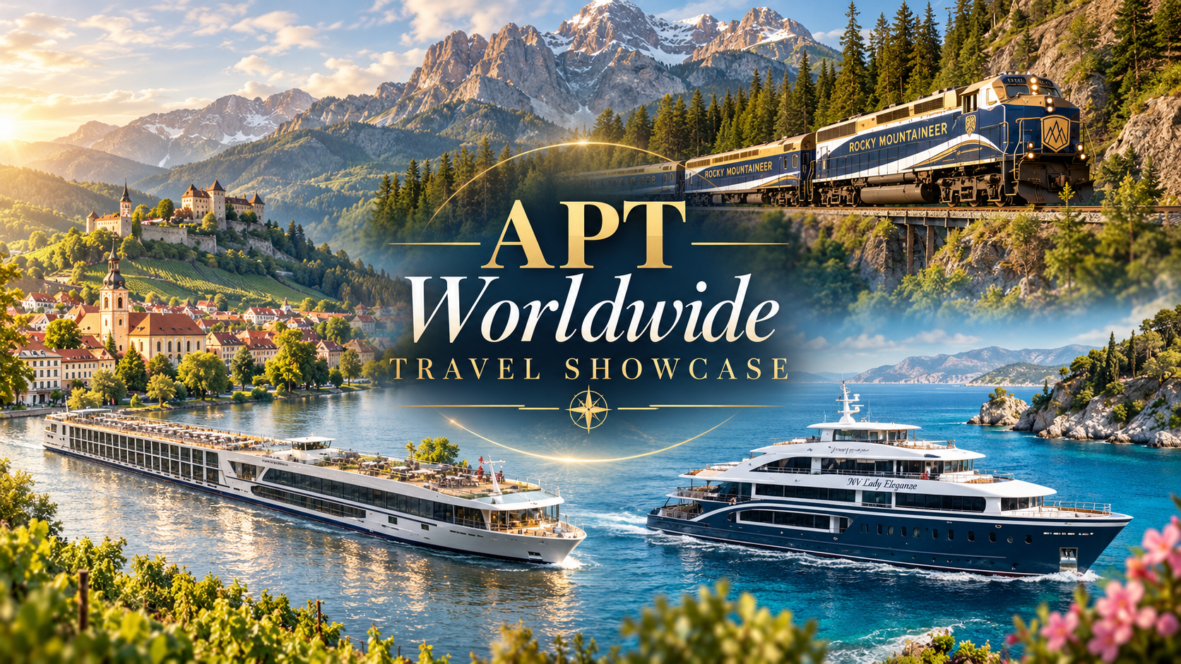 Small luxury yacht and river cruise ship sailing in Europe during sunset.