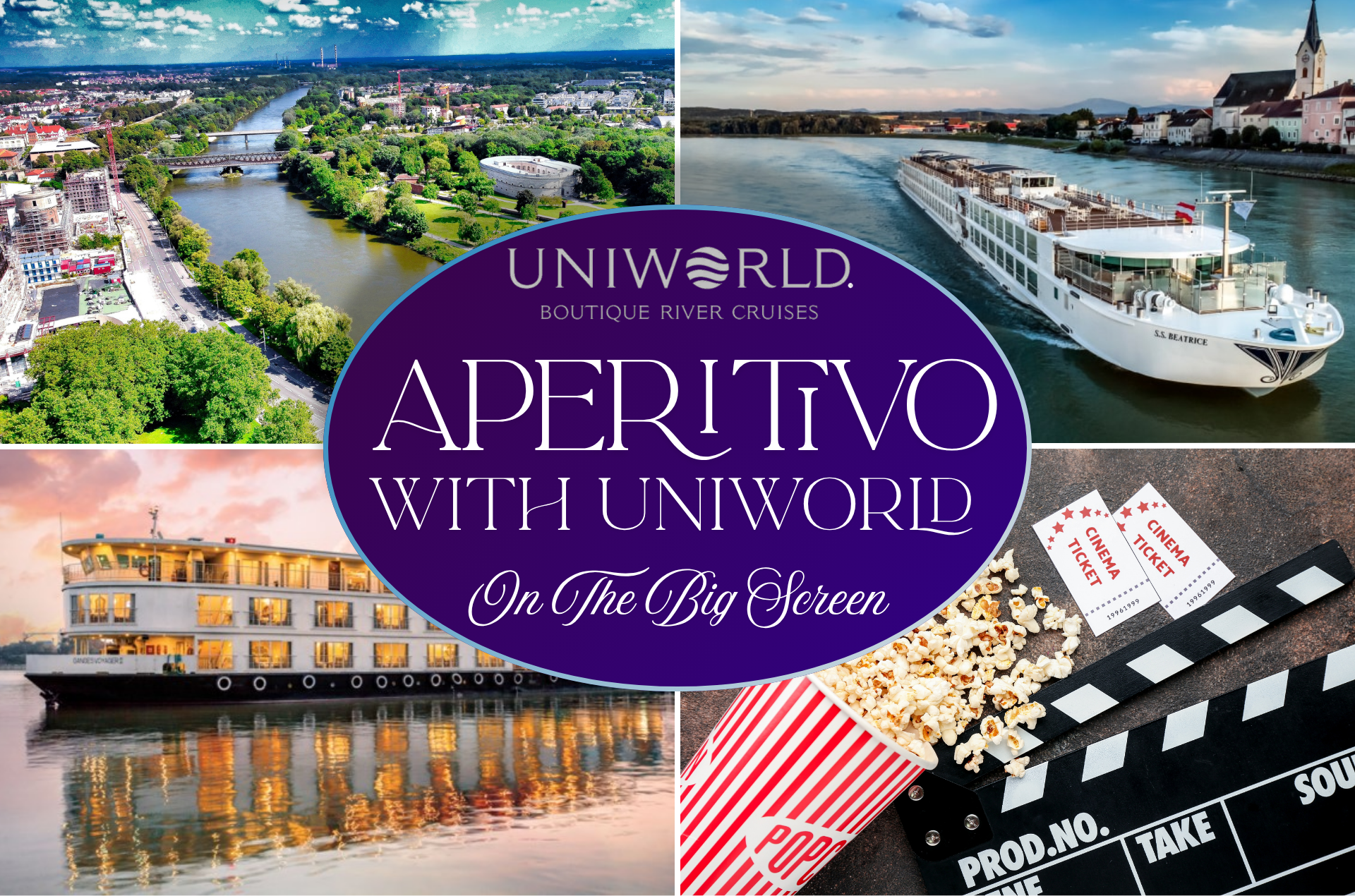 Travel promotional image for UNIWORLD boutique river cruises showing scenic European landscape with mountains, a castle, a village, and two luxury boats on a river. Inside, an elegant event space with a staircase, floral arrangements, luxurious decor, and a large screen displaying the cruise experience.