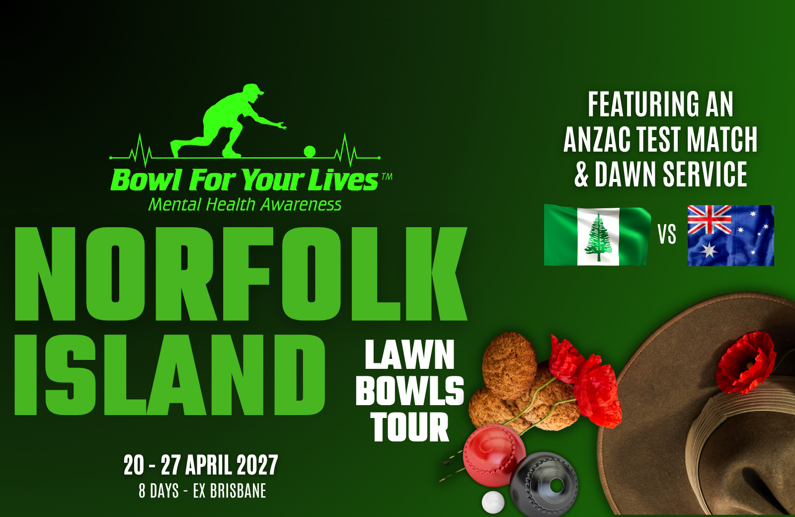 An image promoting a bowls tour to norfolk island over Anzac Day