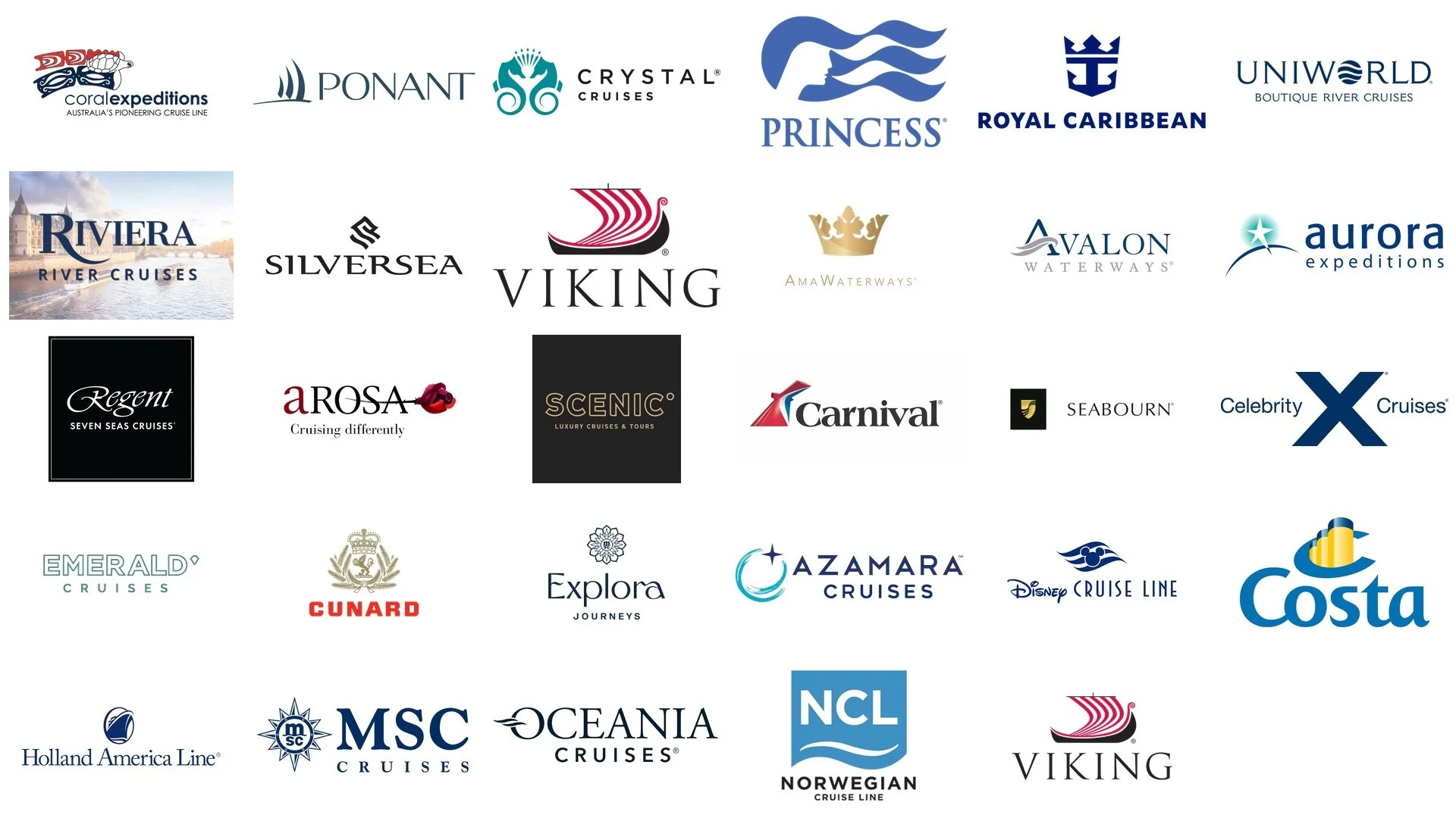 Collection of logos from various cruise lines, including Coral Expeditions, Ponant, Crystal Cruises, Princess, Royal Caribbean, Uniworld, Riviera, SilverSea, Viking, AmaWaterways, Avalon Waterways, Aurora Expeditions, Regent Seven Seas Cruises, Arosa, Scenic, Carnival, Seabourn, Celebrity Cruises, Emerald Cruises, Cunard, Explora Journeys, Azamara Cruises, Disney Cruise Line, Costa, MSC Cruises, Oceania Cruises, Holland America Line, MSC, Oceania, NCL Norwegian Cruise Line, Viking, and several others.