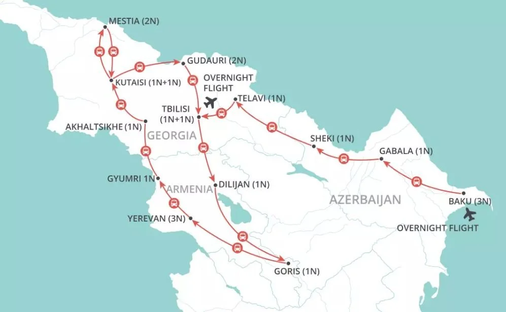 Map showing a travel route through Georgia, Armenia, and Azerbaijan, with icons indicating bus stops, overnight stays, and flights from Baku and Istanbul.