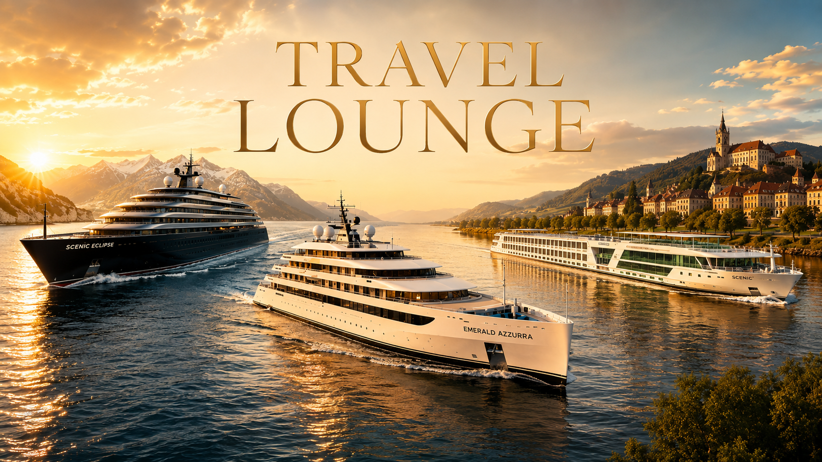 Small luxury yacht and river cruise ship sailing in Europe during sunset.
