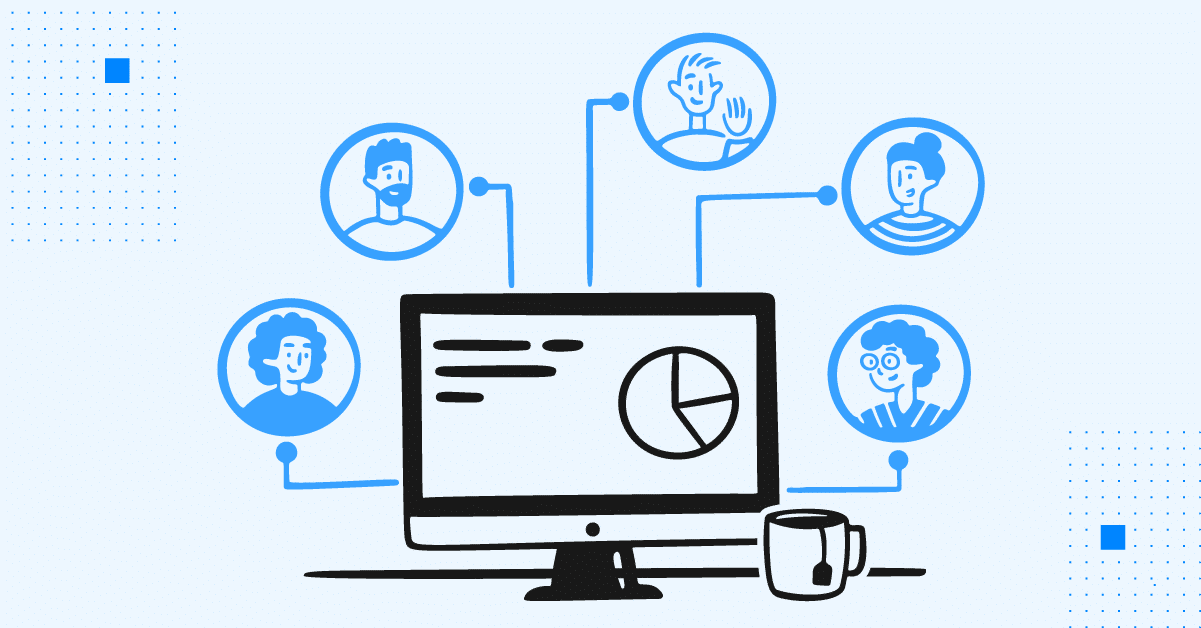 Illustration of a computer monitor displaying a pie chart and text, connected to six diverse people icons, with a coffee mug nearby, representing teamwork or collaboration.