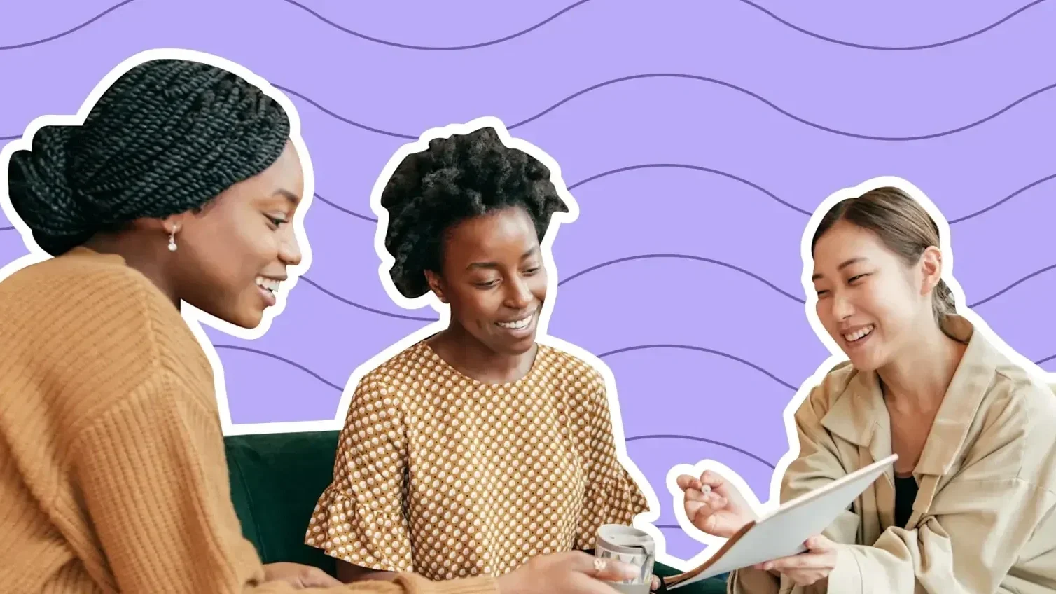 Three women sitting together and smiling, looking at a notebook or document, with a purple background and simple line patterns.