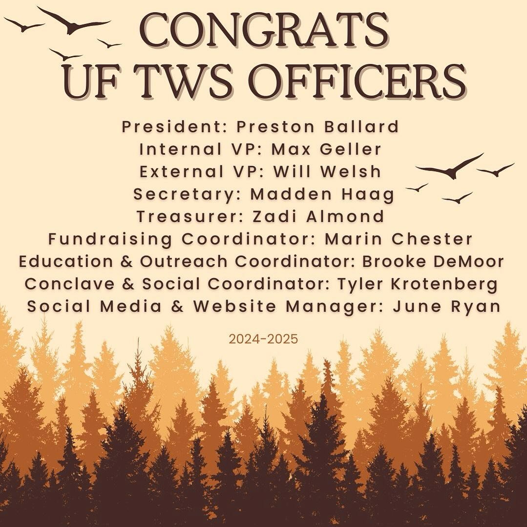 Congratulations to our new UF TWS Officer Board for the 2024-2025 academic year! Excited to see everything they&rsquo;ll achieve! 🥳🎊🎉