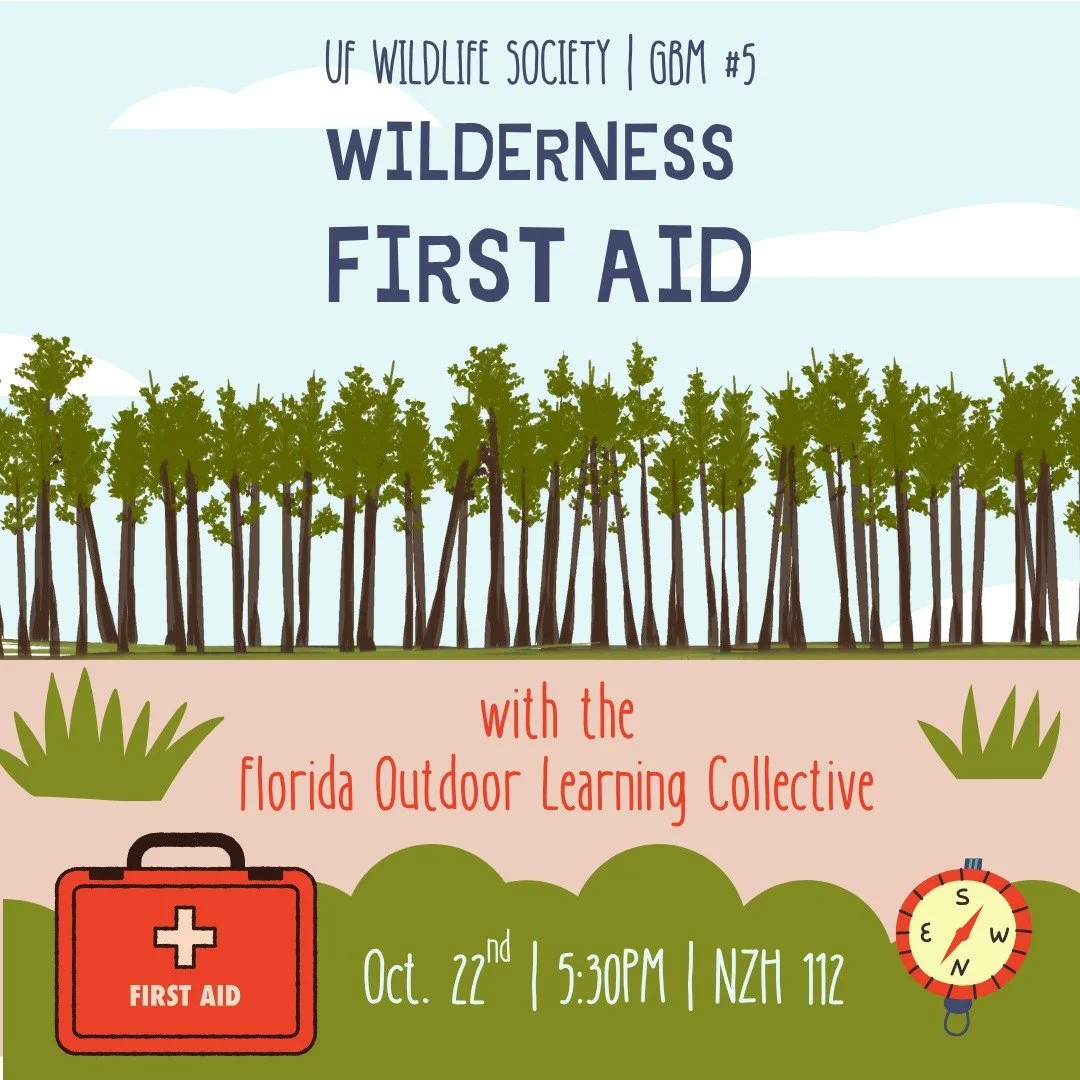 Join us next Wednesday for a Wilderness First Aid GBM!
The Florida Outdoor Learning Collective will share about their wilderness first aid program and teach us a skill.
Wednesday, October 22nd, at 5:30PM, in Newins-Ziegler Hall 112. 
Reminder that