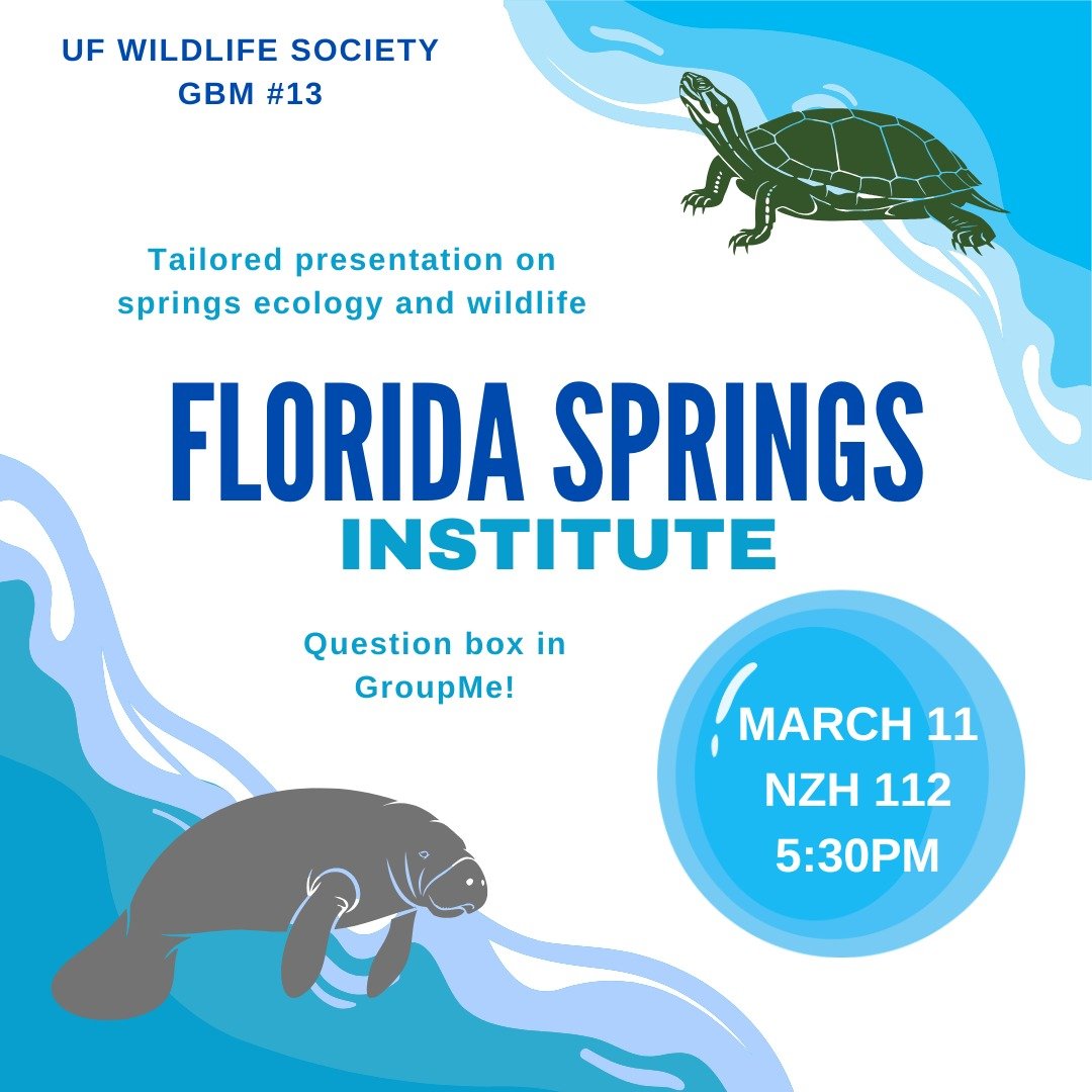 At our next GBM, we will be welcoming the Florida Springs Institute. They would like to provide a tailored presentation, so please let them know what you are interested in learning about via the question box! (Form posted to our story and GroupMe)

M