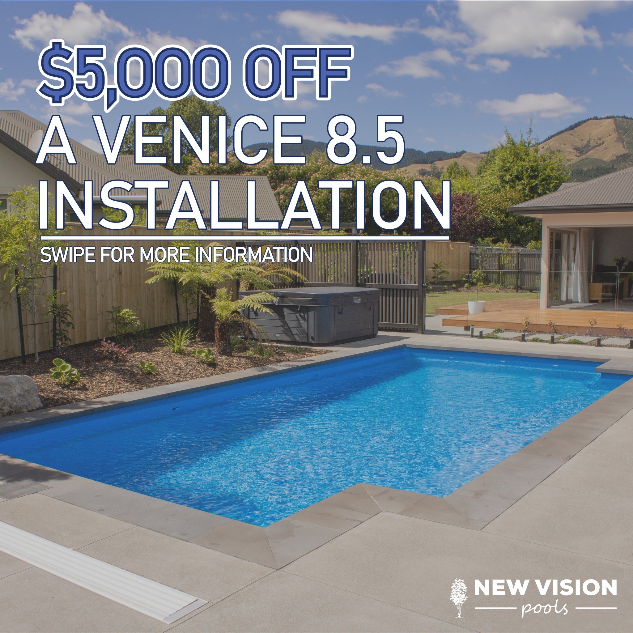 $5,000 off installation!!! 💦 Check out our awesome deal for a Venice 8.5 pool install. 
Get in touch with Claire on 027 284 2449 for more information!