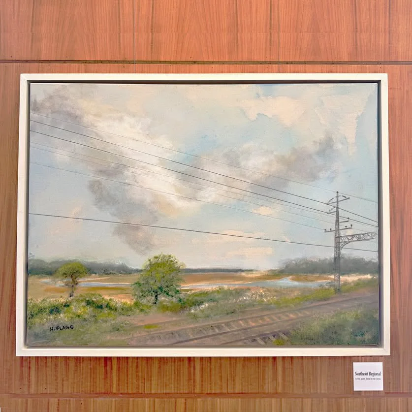 Smith College Alumnae Gallery. Here's an installation view of my painting "Northeast Regional". I'm on Amtrak a lot between NY and RI and there's a beautiful coastline stretch through CT, that I became obsessed with. Had to paint it. The co