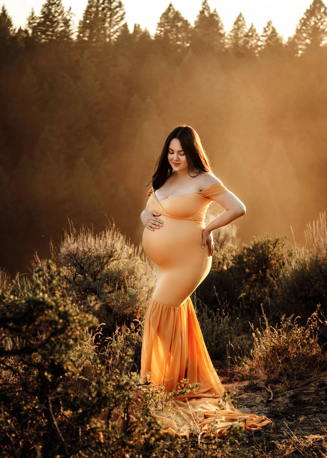mama at sunset in mountains with pine trees, baby bump visible