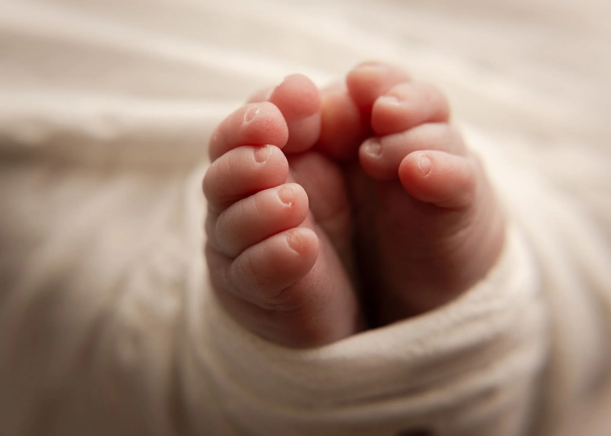 Close up detail of newborn baby toes during professional newborn session