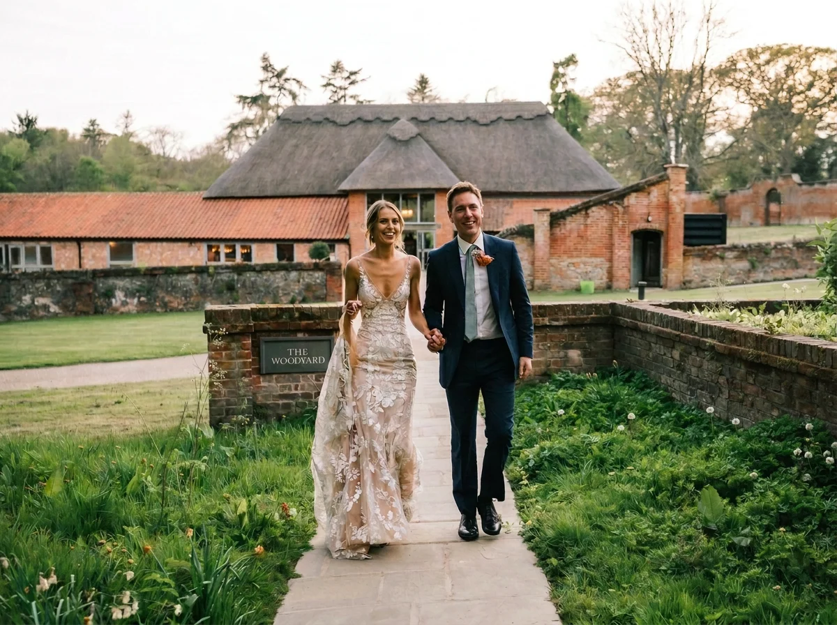 Bride and groom walking past The Woodyard at Worstead Estate