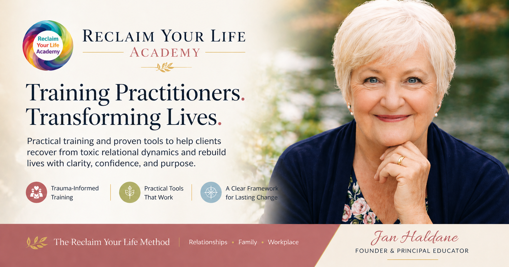 A promotional banner for Reclaim Your Life Academy featuring an older woman with short white hair, wearing a navy blazer and floral blouse, smiling outdoors with a blurred natural background.
