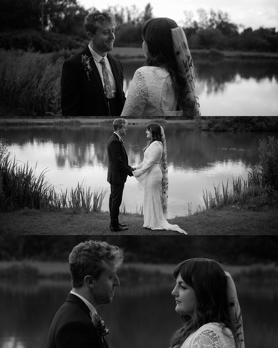 Black and white wedding photos of a couple by a lake.