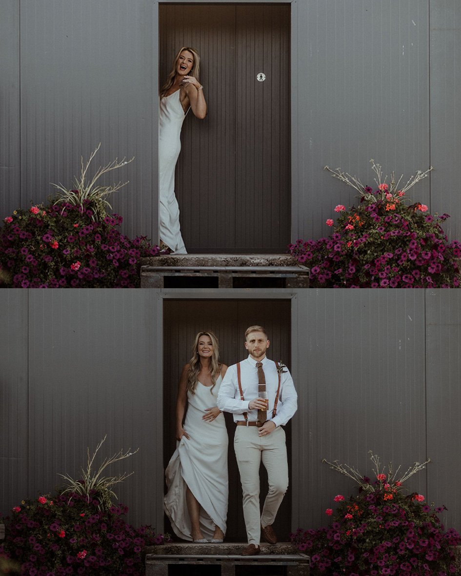 A woman in a white dress standing in a doorway with flowers around her. In another part of the image, the same woman stands with a man in a white shirt and suspenders, also in the doorway, both smiling.