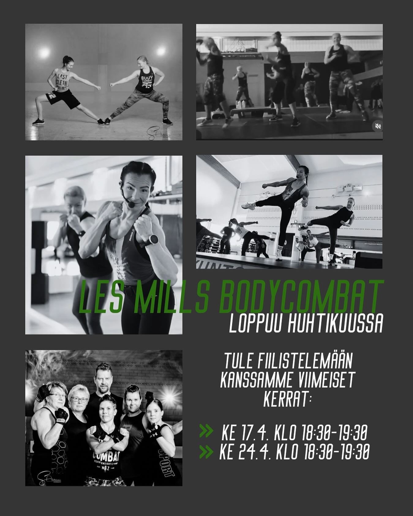 Olemme tulleet siihen p&auml;&auml;t&ouml;kseen pitk&auml;n harkinnan j&auml;lkeen, ett&auml; Les Mills BodyCombat loppuu Kuntosumpussa pysyv&auml;sti. 

Tule kanssamme fiilistelem&auml;&auml;n viel&auml; kaksi viimeist&auml; kertaa 💚💪

Kiit&auml;m