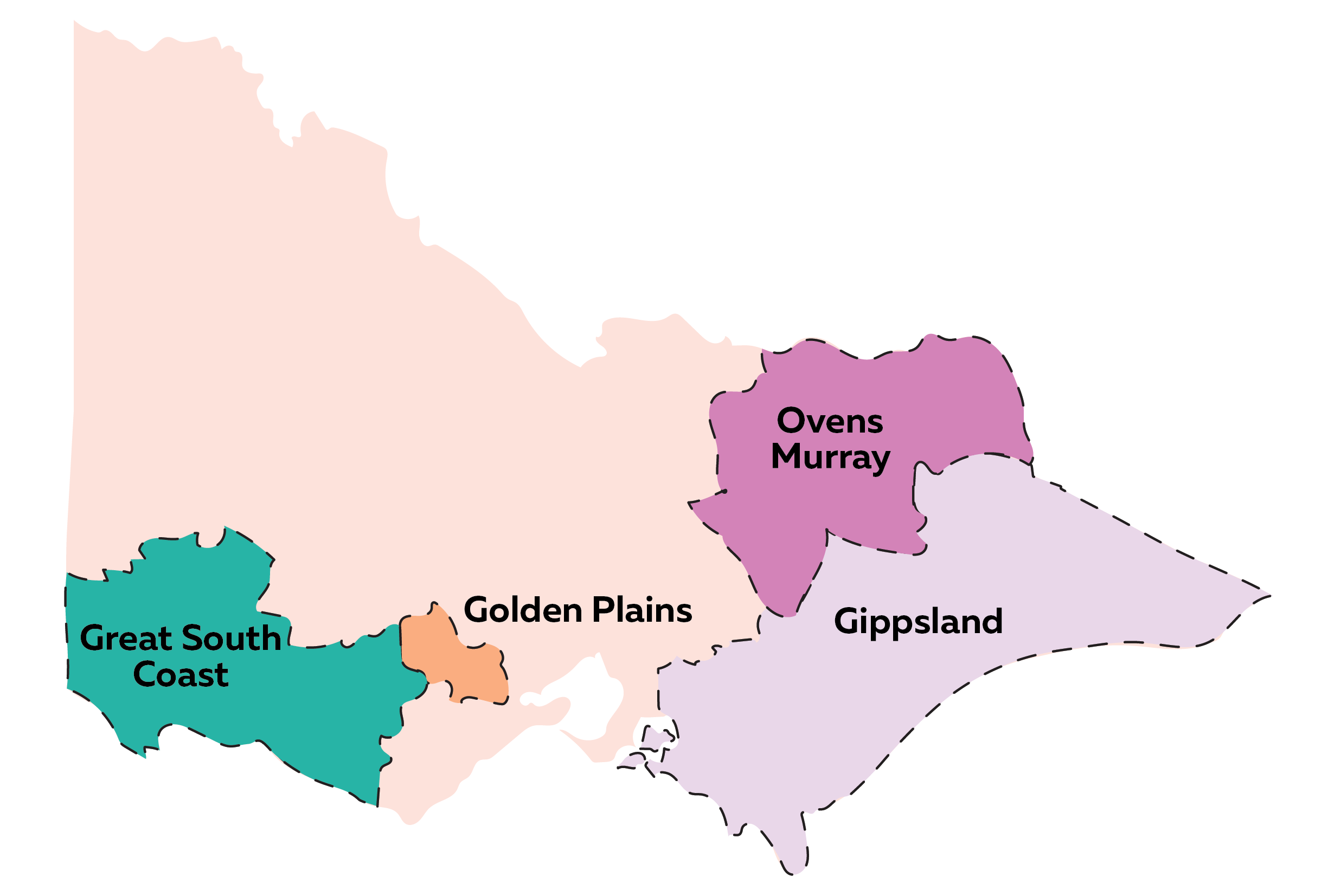 Map of Victoria with areas marked for Pride in Ageing regional areas