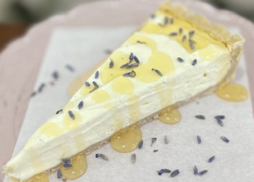 gluten free oat crust creamy mascarpone, whipped cream and greek yogurt with honey, lemon & ginger essential oils and lavender florals