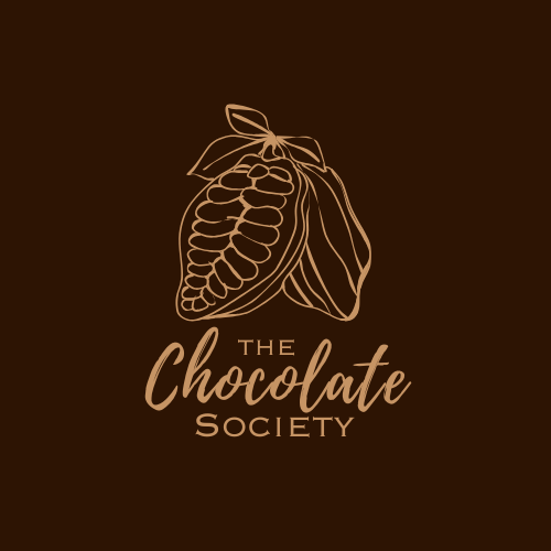 Logo of The Chocolate Society featuring a stylized cacao pod with a leaf on a dark brown background.