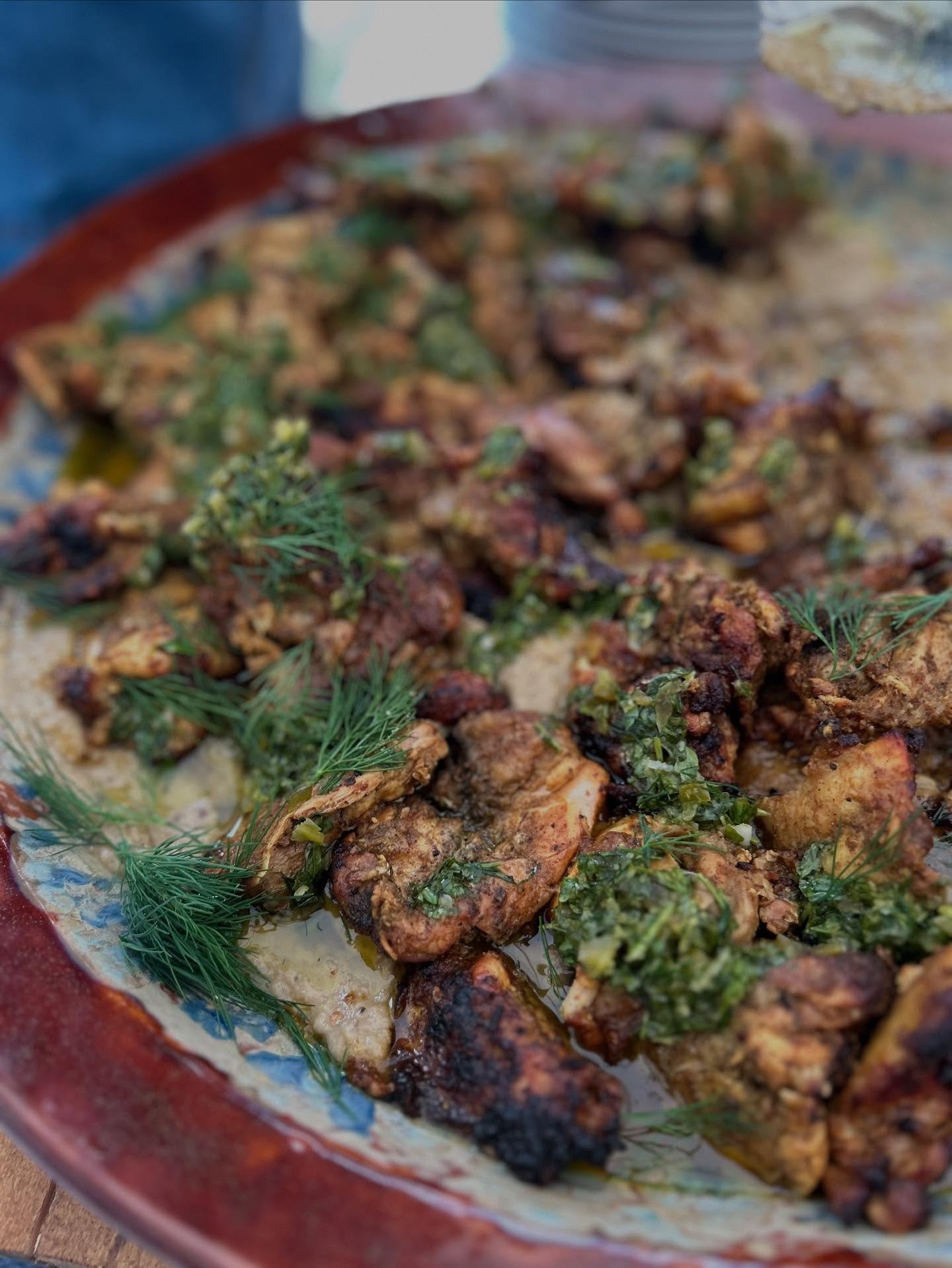 The one and only chicken shawarma. 

Free range chicken thighs, marinated in our very own shawarma spice mix and skewered then blackened over flames. 

This one was served on smoky 🍆 baba ganoush, a jalape&ntilde;o oil and dill. STOPPPP ITTTTT 😋😋?