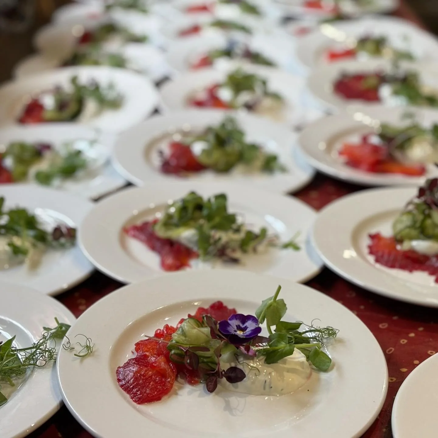 A gorgeous starter for any day! Local Trout turned into a gravlax in beetroot and gin, with pickled cucumbers and a delishhh dill &amp; horseradish yogurt. Served with warm and crunchy focaccia 💜❤️