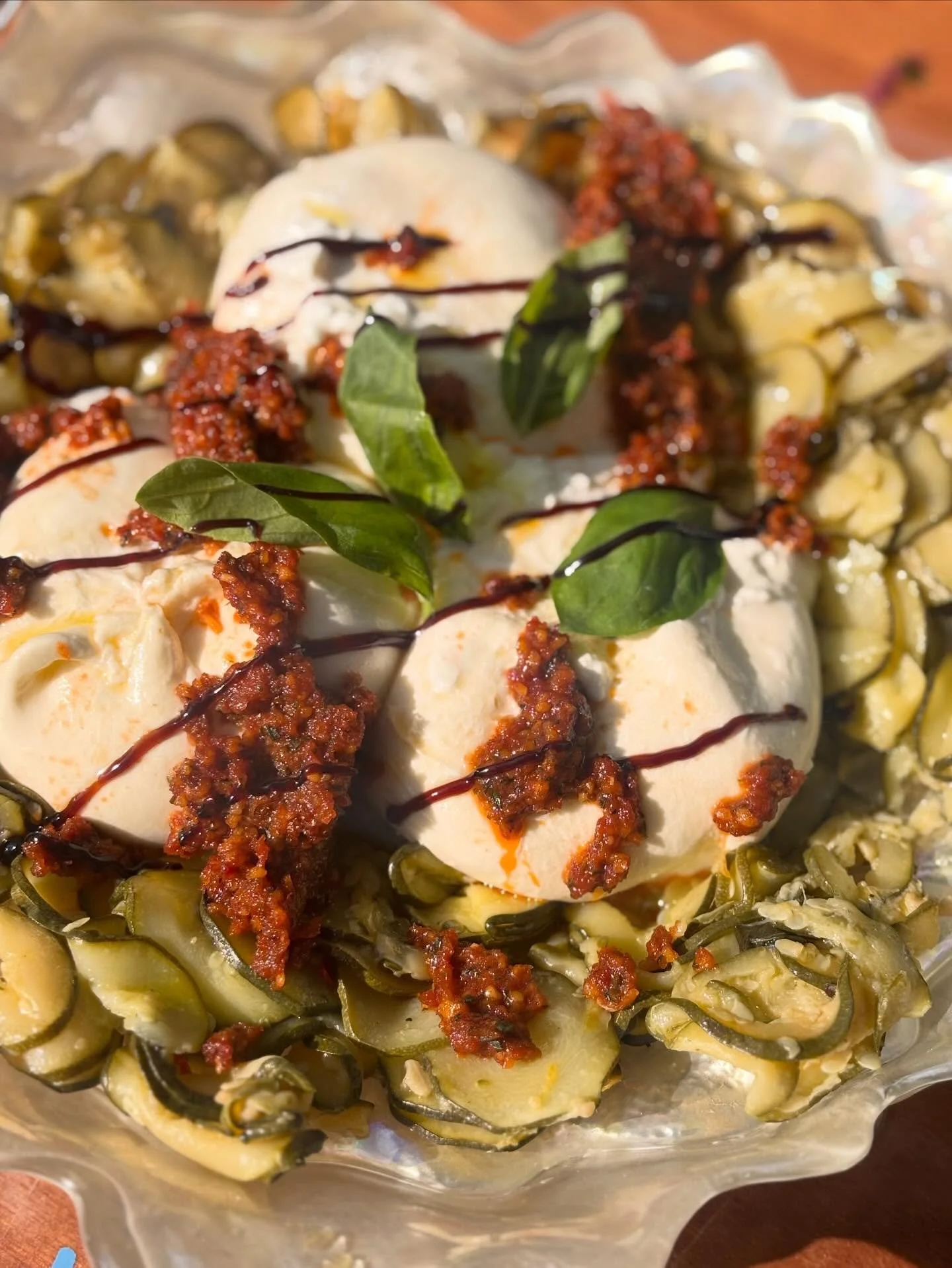 We love supporting English growers &amp; suppliers and we work hard to find the best of the BEST food for our guests. This is a sharing starter from a wedding last year - English burrata &amp; aged balsamic with slow braised organic courgettes in lem