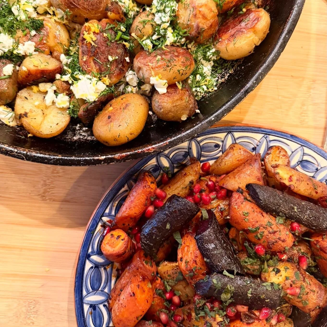 We like serve our amazing sides family style. Pretty as a picture and delicious too! 🫶
Ft. Fire cooked potatoes with dill, lemon &amp; feta/ harissa &amp; honey carrots with mint &amp; pomegranates