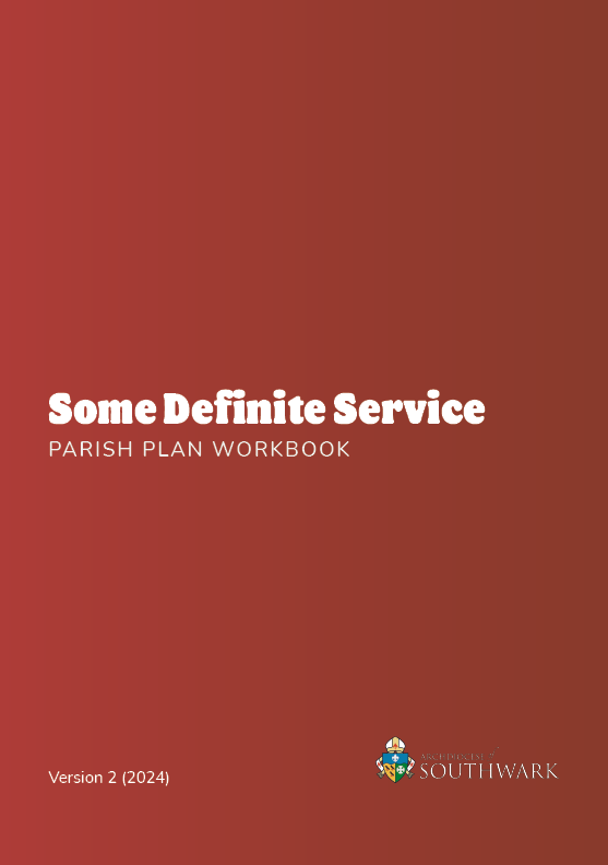 Red Cover image of the Some Definite Service parish plan workbook from the Archdiocese of Southwark