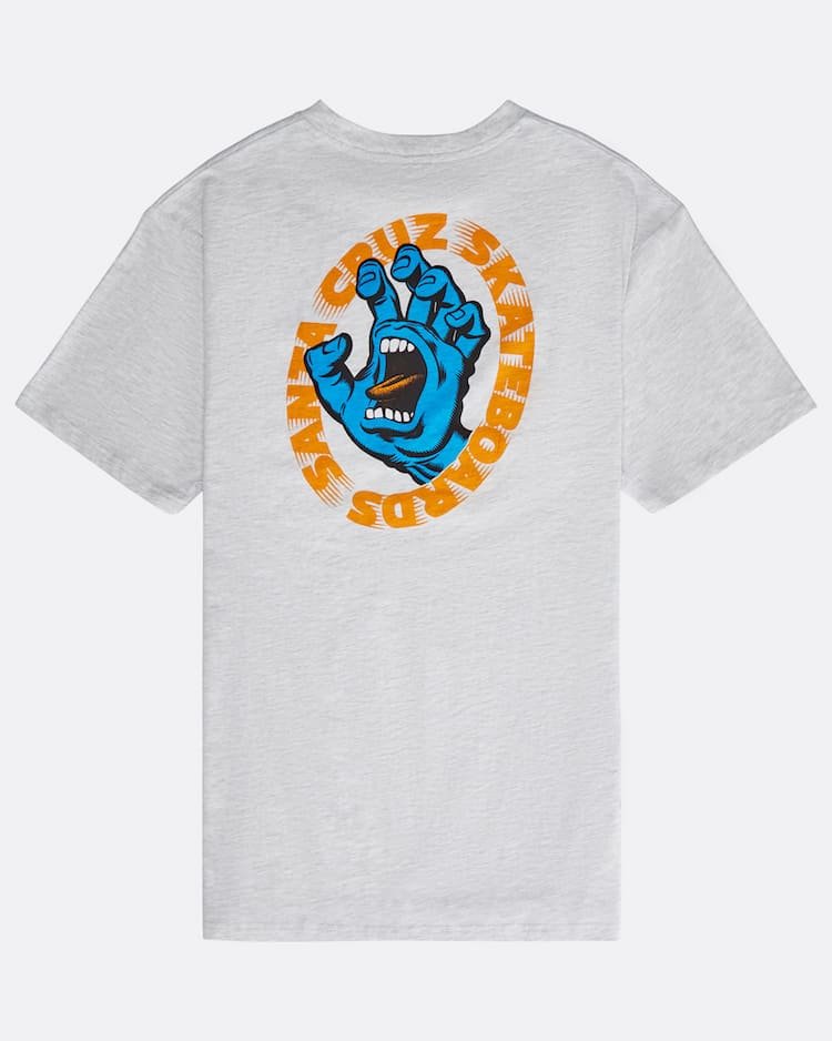 White t-shirt with Santa Cruz Skateboards logo featuring a blue screaming hand illustration and orange text.