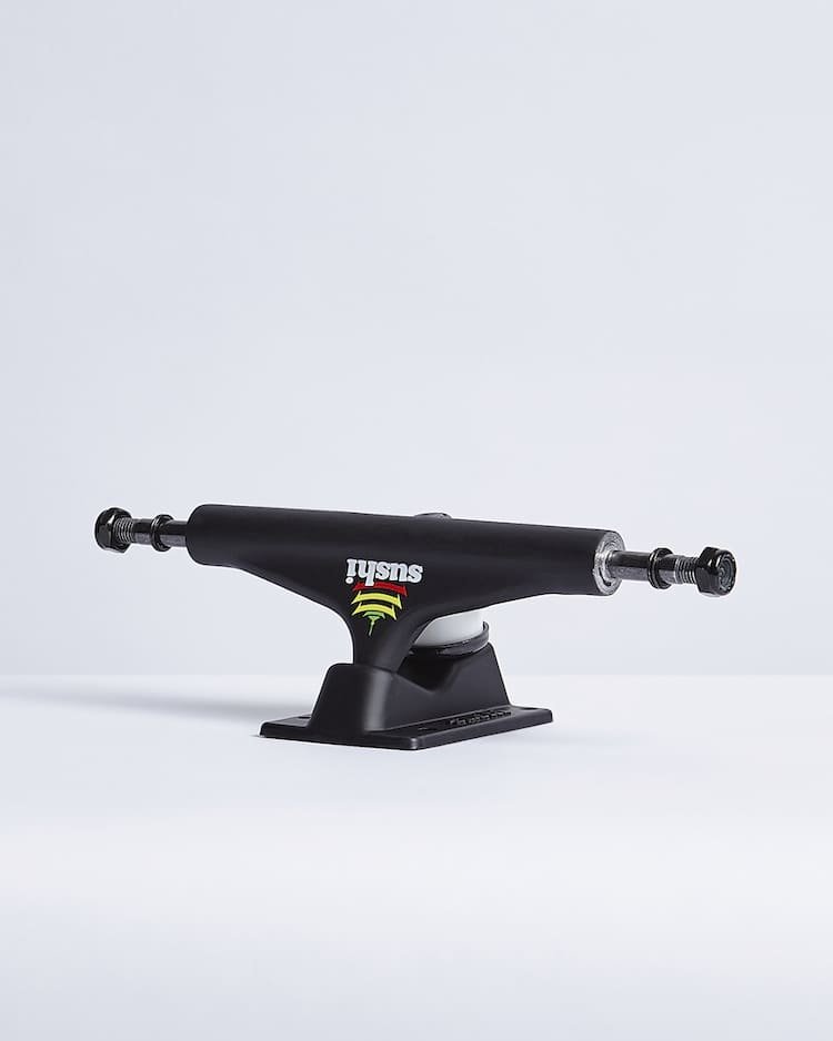 Black skateboard truck with logo on a white background.