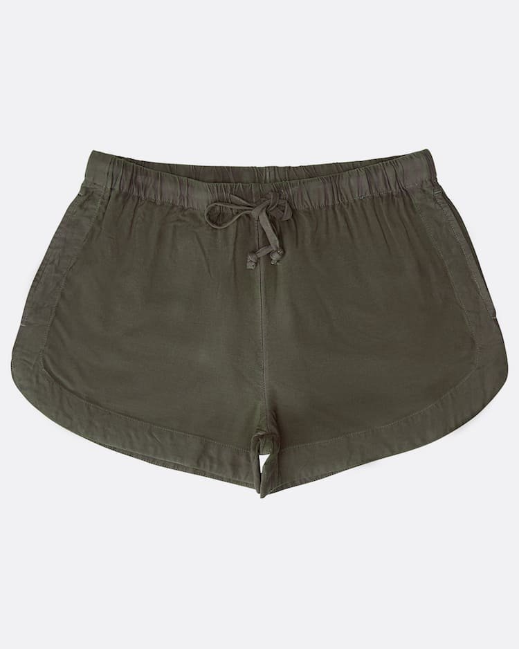 Olive green athletic shorts with drawstring waistband