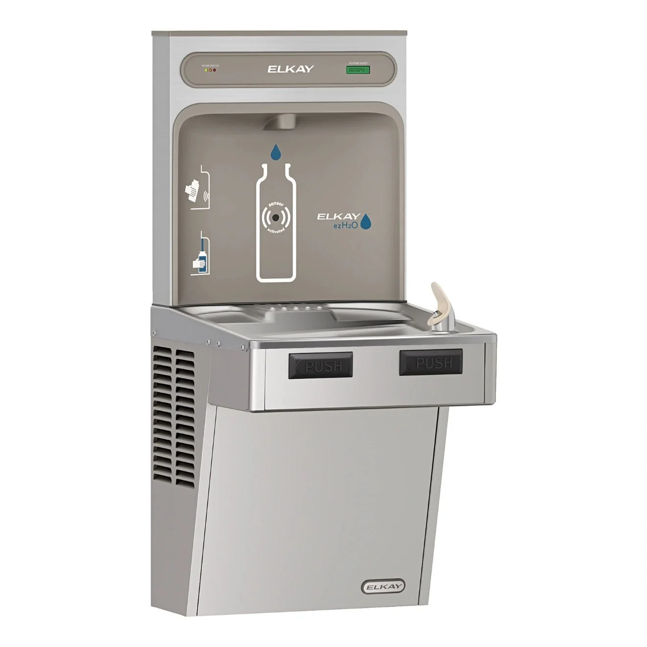 Elkay EZH2O® Bottle Filling Station with Single ADA Cooler Filtered Refrigerated Stainless 220V - LMABF8WSS2KN: An integrated, wall-mounted drinking fountain and touch-free bottle filling station that is ADA-compliant. Compact and accessible, the EZH