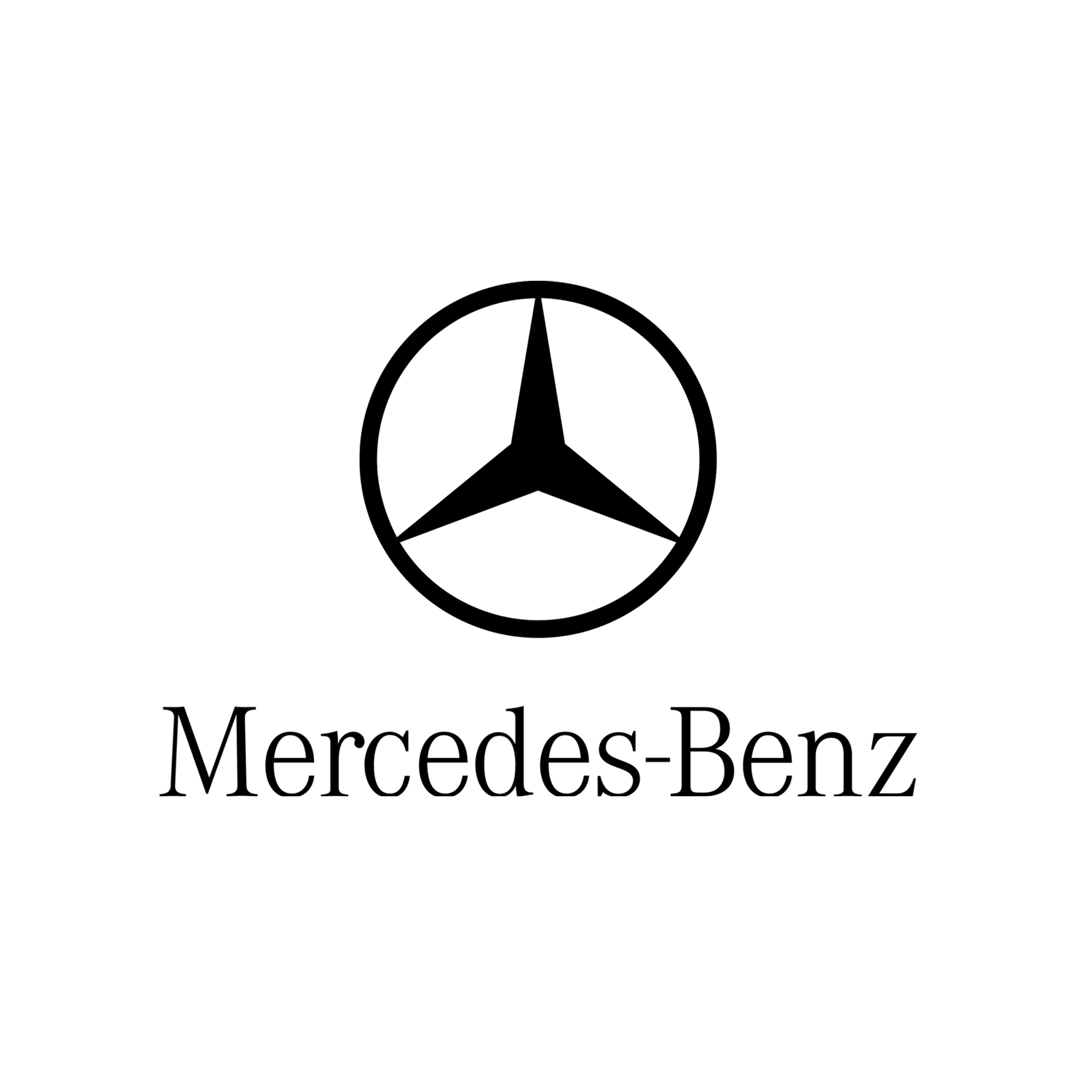Mercedes-Benz logo with stylized silver star inside a circle, and the text 'Mercedes-Benz' beneath it on a black background.