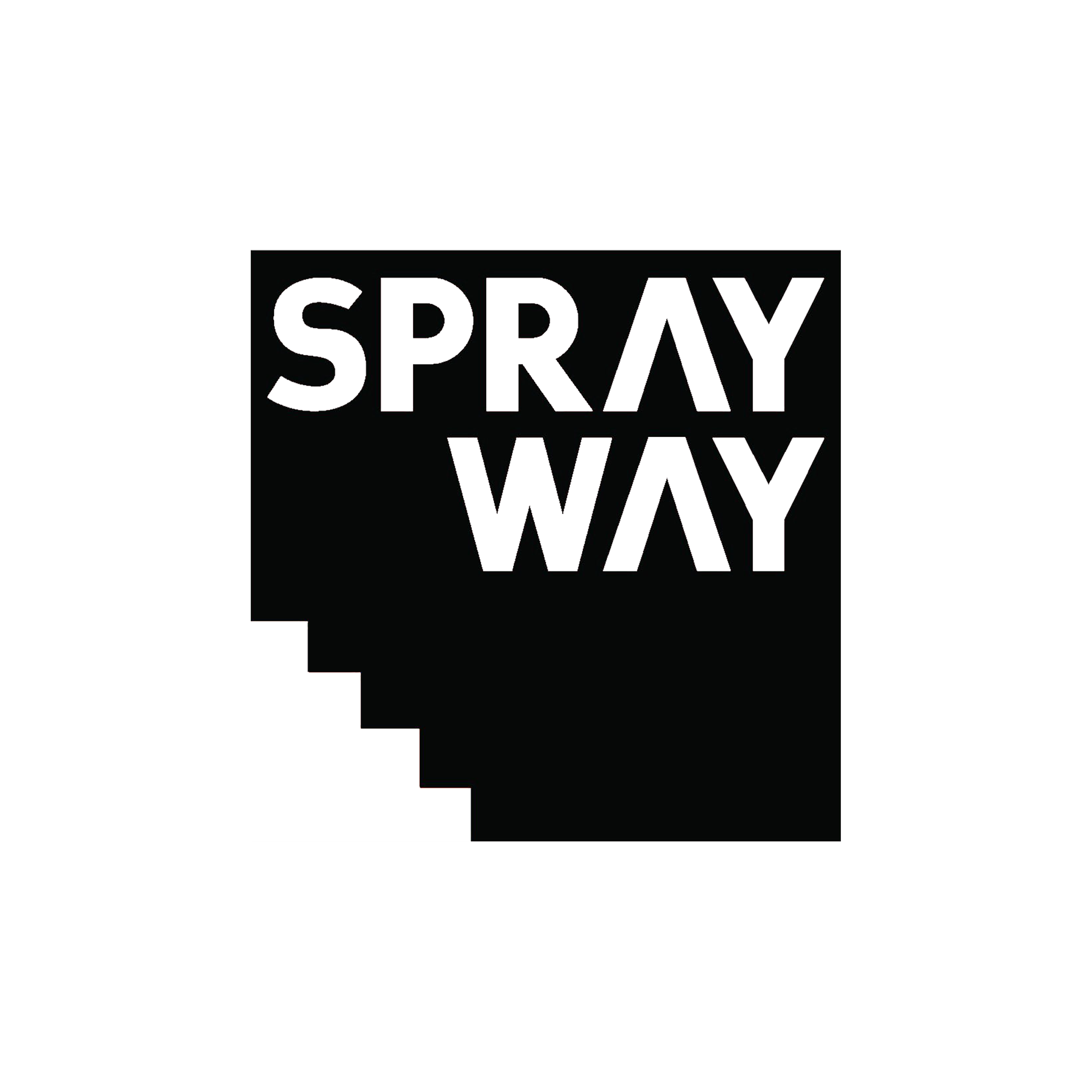 Black door with brown steps and a white threshold, black background with white text that says 'Spray Way'.